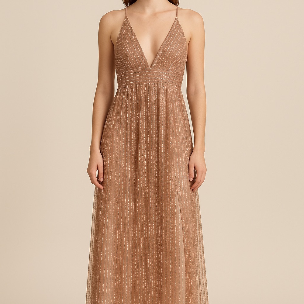 Elegant Champagne/Rose Gold V-Neck Gown